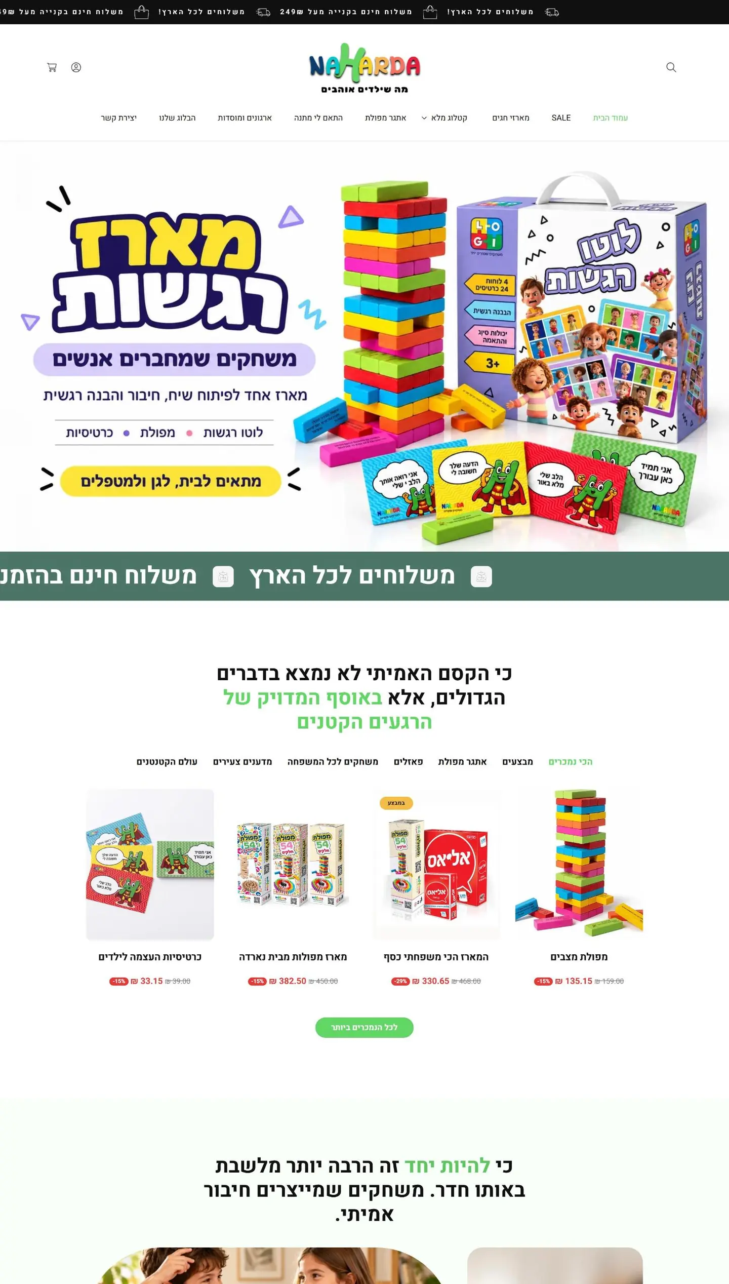 עמוד הבית של Naharda במחשב, מלמעלה למטה