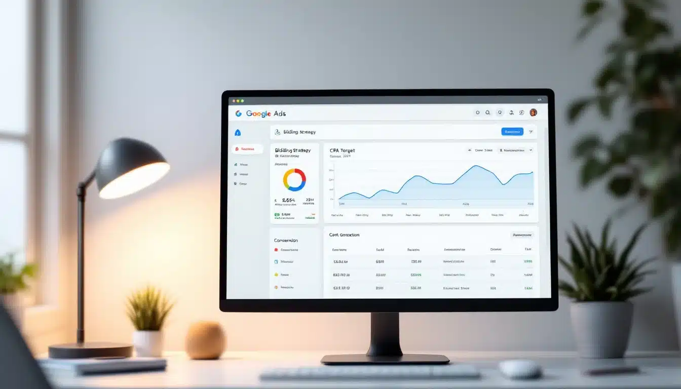 מסך מחשב המציג לוח בקרה של Google Ads עם הגדרות אסטרטגיית הבידינג וערכי CPA