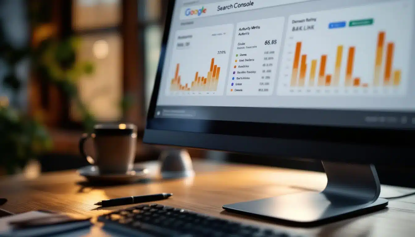 לוח בקרה של Google Search Console המציג מטריקות סמכות ותרשימי קישורים אחורים
