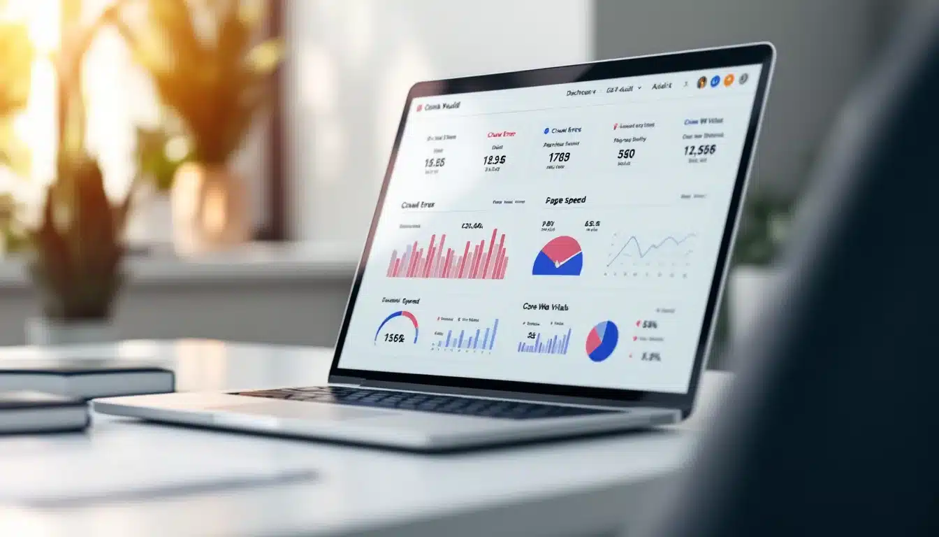 מסך ביקורת SEO טכני עם מדדי אופטימיזציה ו-Core Web Vitals