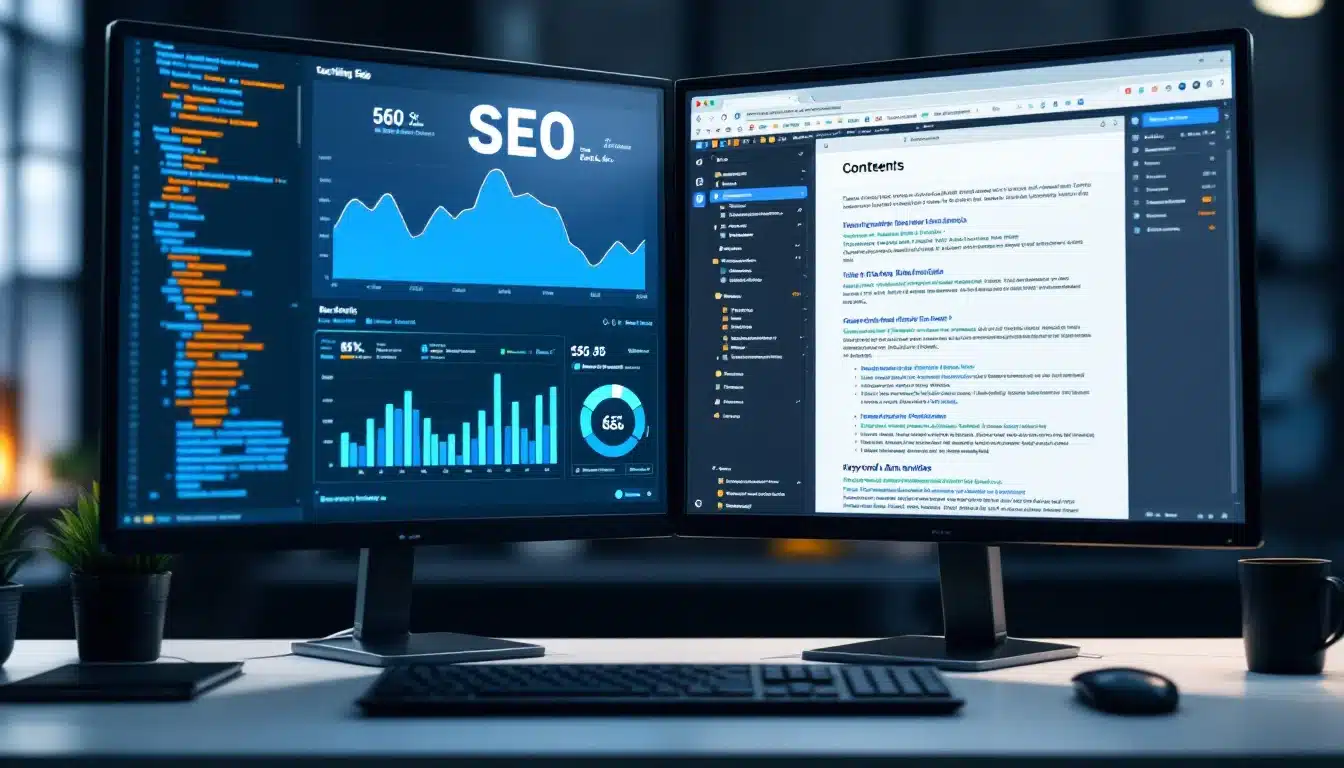 השוואה בין SEO טכני לבין SEO תוכן על מסכי מחשב במשרד מודרני